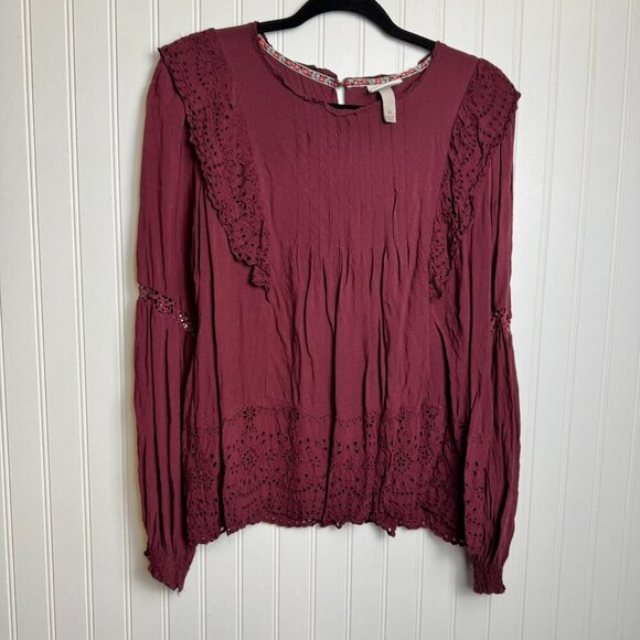Knox Rose Burgundy Eyelet Lace Long Sleeve Top XL G3 - Picture 2 of 8